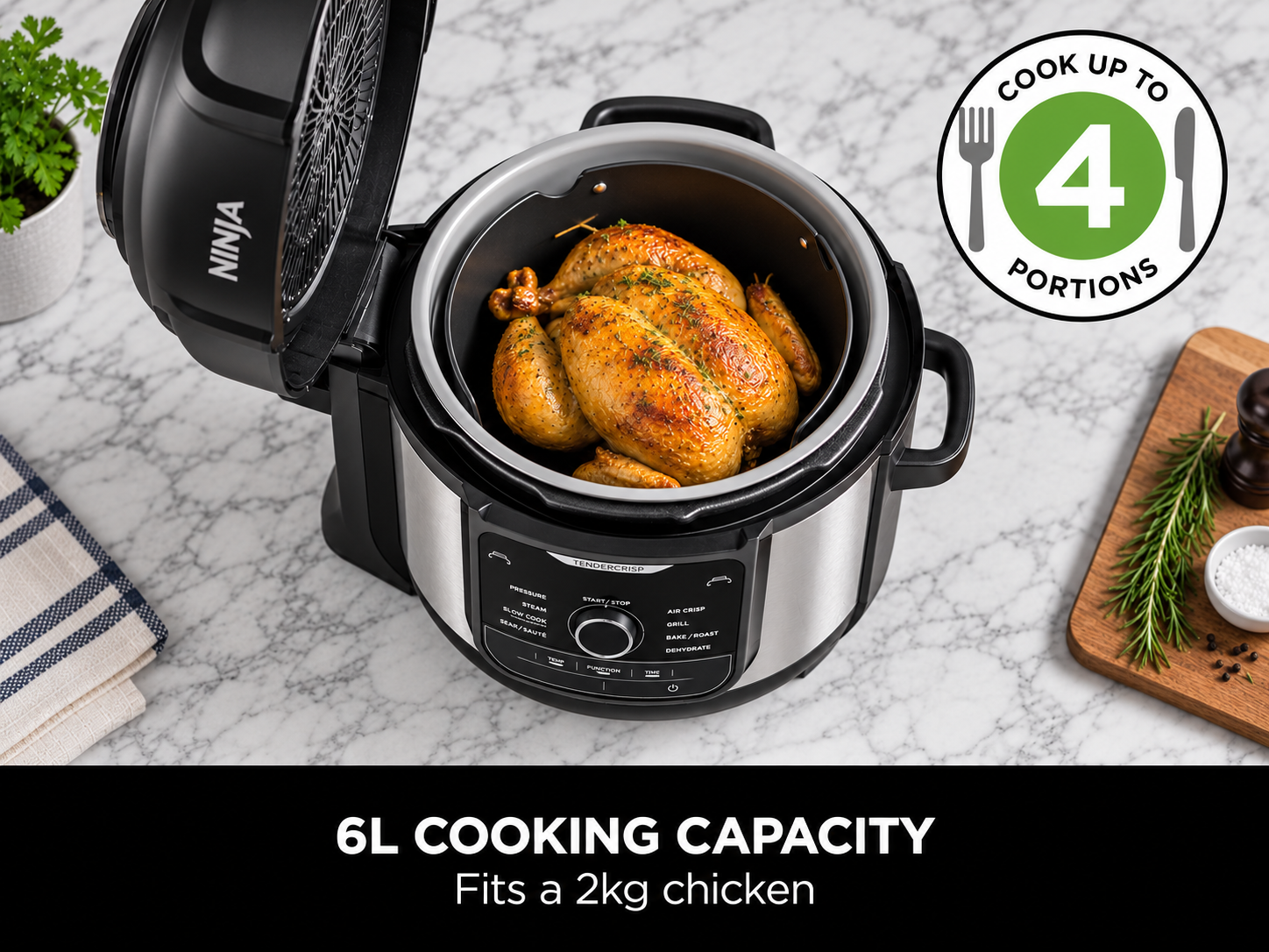 Whole roast chicken inside the six-litre cooking pot